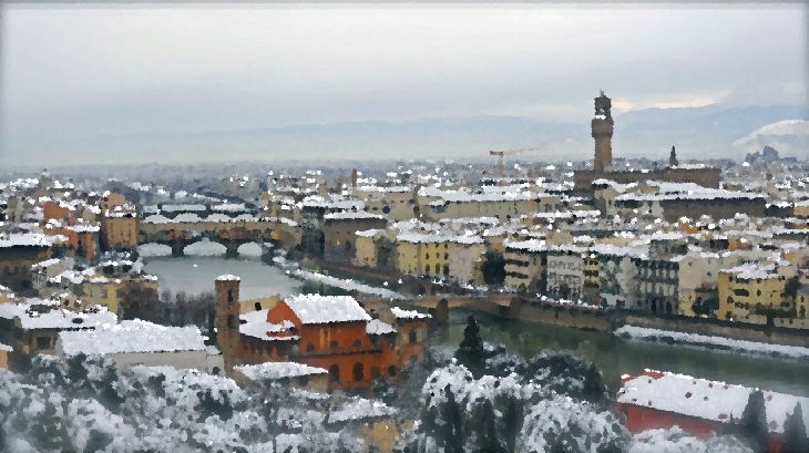 Schneebedecktes Florenz. Zum Ölgemäde verfremdet. Foto: Giorgio